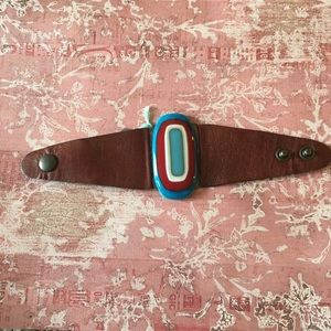 Red Blue & White Murano-Glass & Leather Bracelet